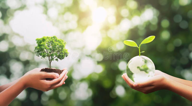 eco concept. hand holding crystal glass with tree growing and green nature background. idea save world. earth day