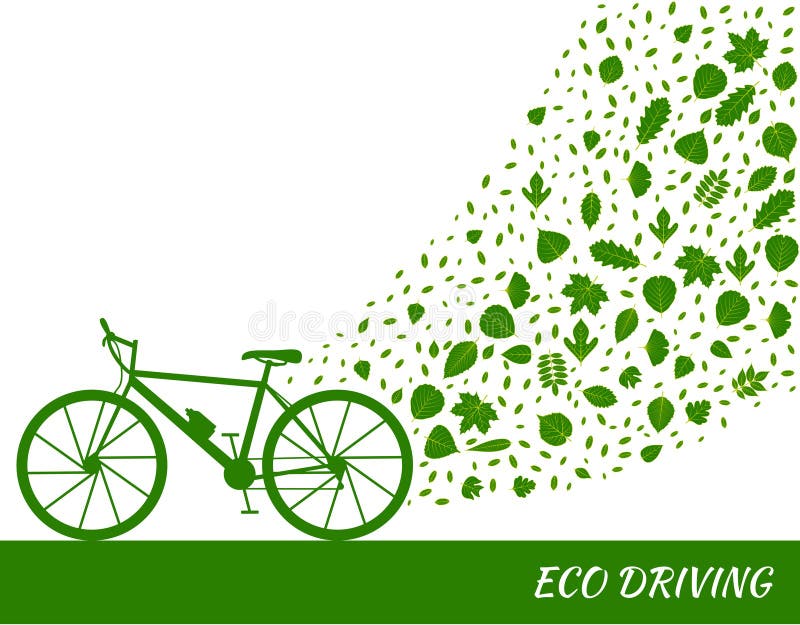 Eco conduisant le concept dans des couleurs vertes Vélo et traînée des feuilles d'arbre illustration stock Eco conduisant le concept dans des couleurs vertes Vélo et traînée des feuilles d'arbre illustration stock