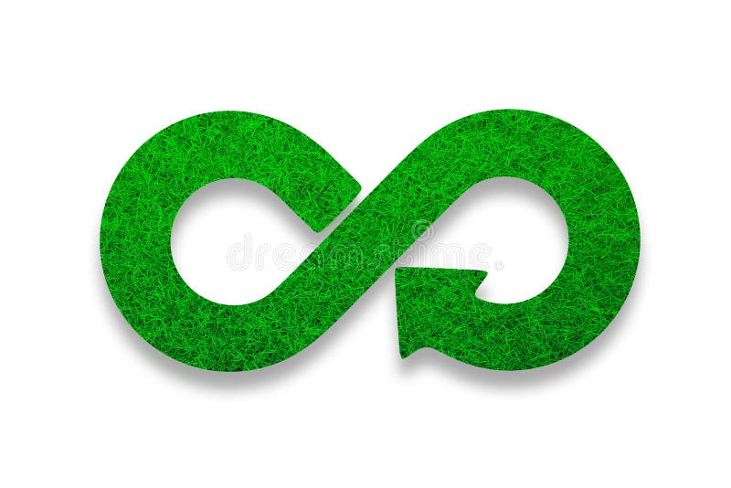 ECO, economia circolare, simbolo della freccia di infinito dell'erba verde illustrazione 3D