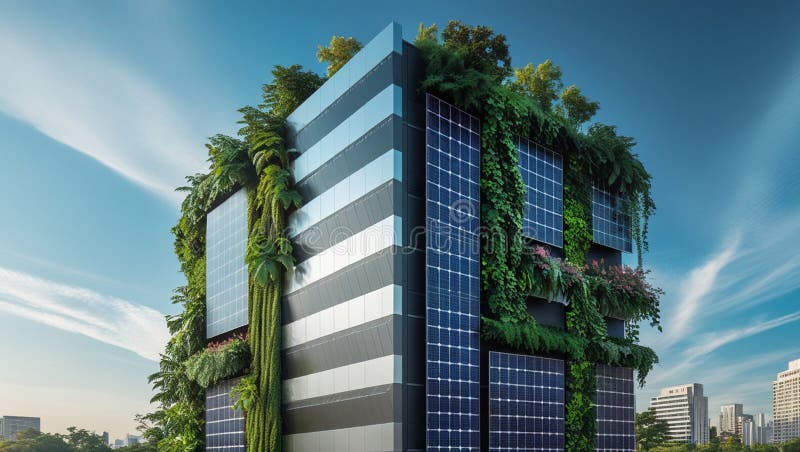 Eco edifici ecologici pannelli solari verdi giardini verticali royalty illustrazione gratis