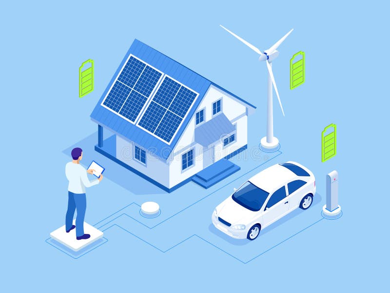 Eco energia i ekologii pojęcie Zielona energia eco życzliwy nowożytny dom Energia odnawialna słoneczna i siła wiatru royalty ilustracja Eco energia i ekologii pojęcie Zielona energia eco życzliwy nowożytny dom Energia odnawialna słoneczna i siła wiatru royalty ilustracja