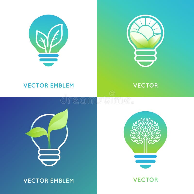 Vector logo design template in bright gradient colors - eco energy concept - light bulb icons with green leaves