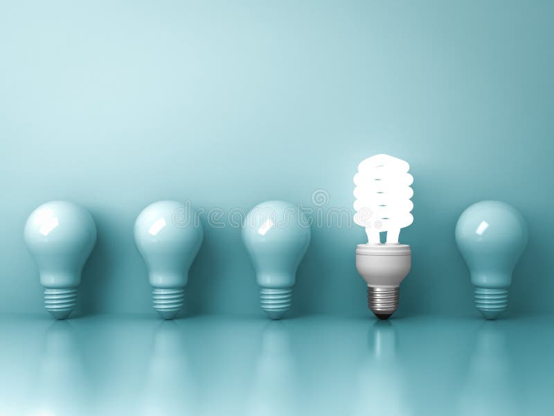 Eco energy saving light bulb , one glowing fluorescent lightbulb standing out from unlit incandescent bulbs reflection on green stock illustration Eco energy saving light bulb , one glowing fluorescent lightbulb standing out from unlit incandescent bulbs reflection on green stock illustration