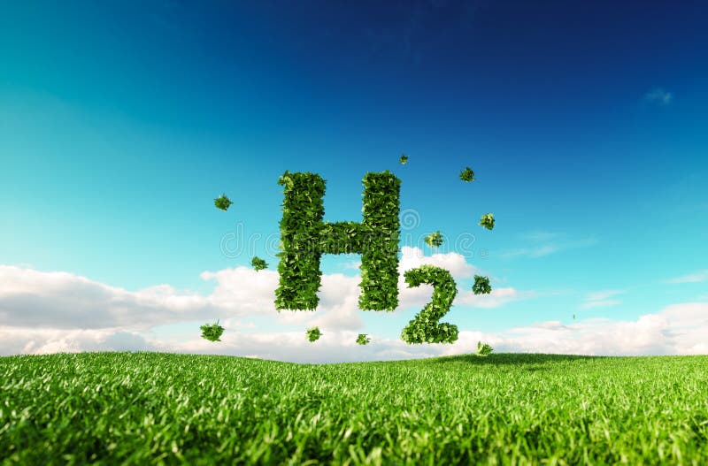 Eco friendly clean hydrogen energy concept. 3d rendering of hydrogen icon on fresh spring meadow with blue sky in background.