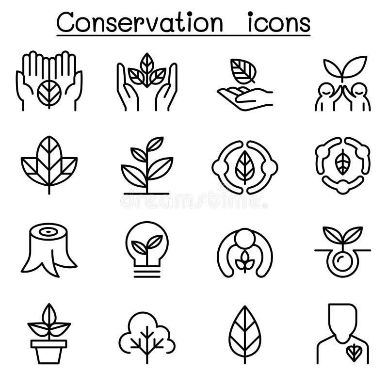 Eco Friendly, Conservation, Saving Nature, Ecology and Environment Icon Set in Thin Line Style