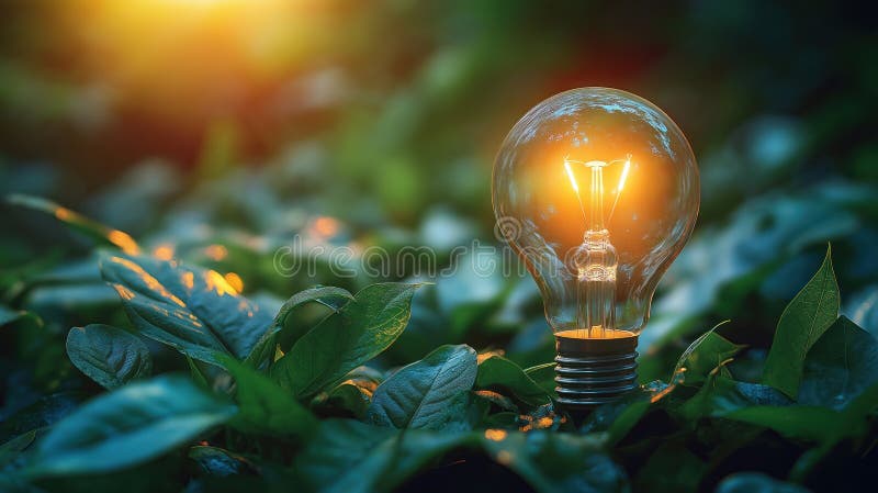 Eco friendly energy efficiency solution concept. Illuminated light bulb surrounded by green leaves. Innovative eco energy. stock illustration
