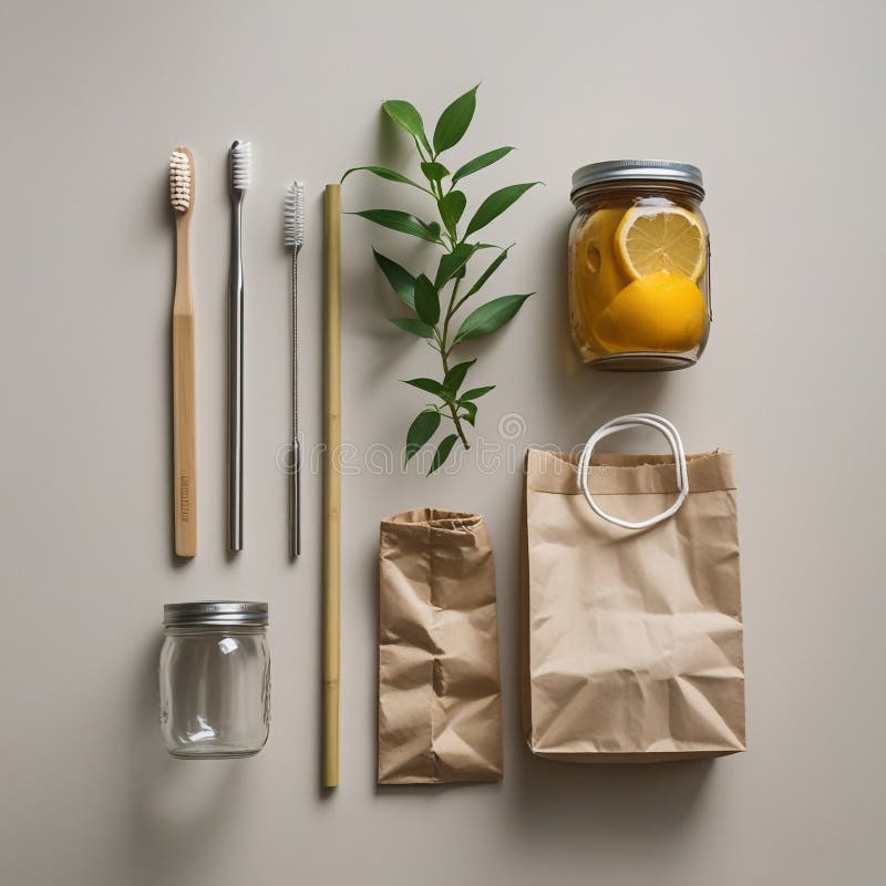 Eco-friendly essentials: toothbrushes, jars, and natural elements. royalty free stock photography
