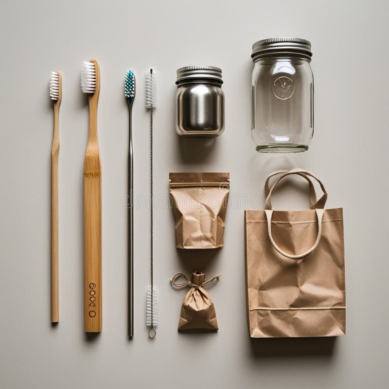 Eco-friendly essentials: toothbrushes, jars, and natural elements. royalty free stock photography
