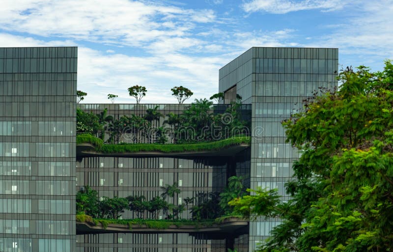 Eco friendly glass building with vertical garden in modern city. Green plant and tree forest and ivy on facade on sustainable