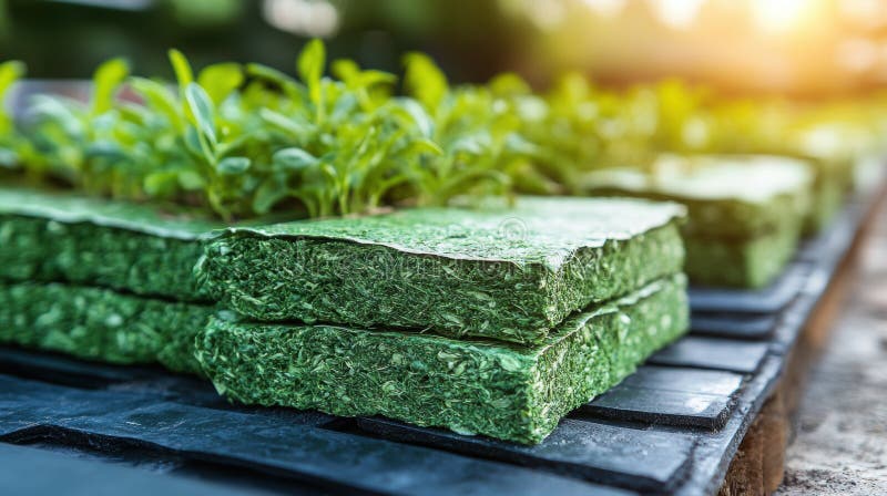 Eco-friendly insulation made from sustainable resources showcased at a bright construction site promoting green building stock photos