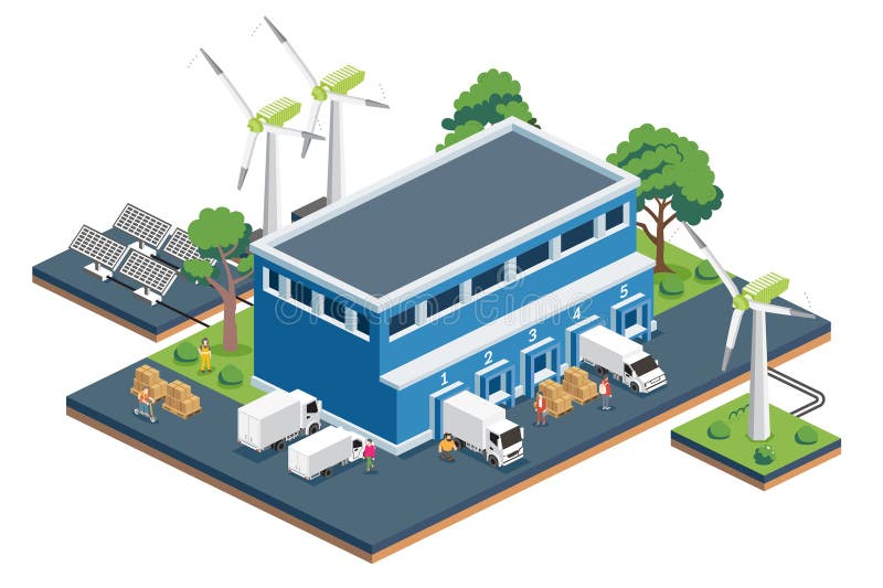Eco friendly isometric distribution center powered by solar panels and wind turbines. Warehouse, loading docks, delivery trucks stock illustration