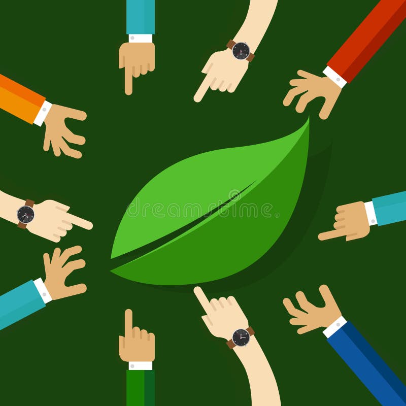 Eco friendly life represented with leaf. hand working together. concept of teamwork collaboration and participation royalty free illustration
