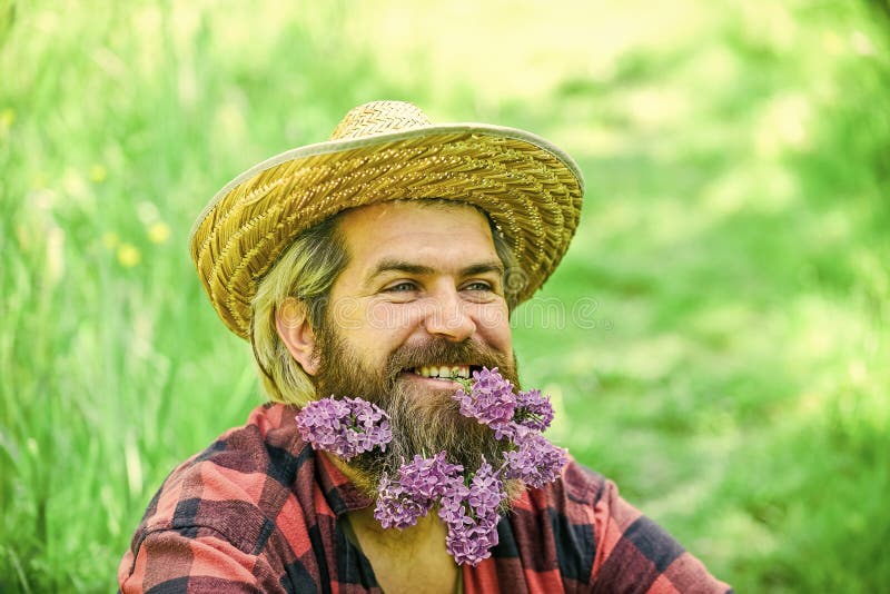 Eco Friendly Lifestyle Concept. Rustic Man with Beard Happy Face Enjoy Life  in Ecological Environment Stock Photo - Image of green, flower: 214404854