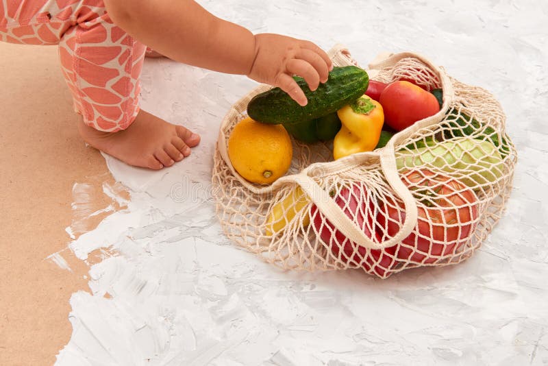 Eco Friendly Mesh Bag with Fruit and Veggies. Top View. No Plastic Stock Photo Image of
