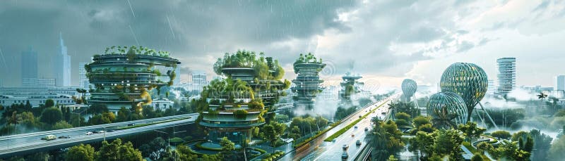Eco-Friendly Metropolis: Algae Biofuel Stations, Wind-Optimized Architecture, and Solar-Powered Sound Barriers Crafting a royalty free illustration