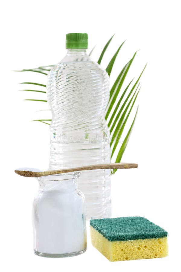 Ecofriendly Natural Cleaners Baking Soda, Lemon And Cloth On Grean Leaf And Whithe Background