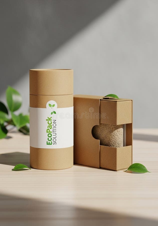 Eco-friendly packaging design featuring two cardboard containers. A cylindrical tube vector illustration