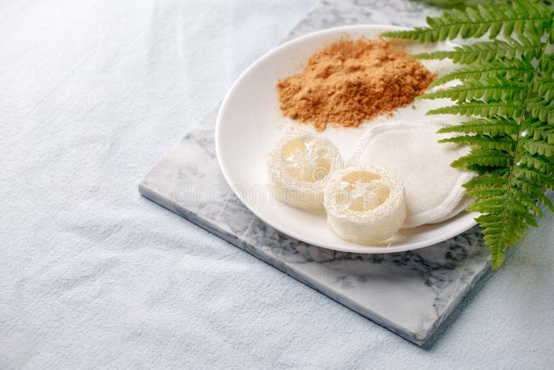 Eco friendly products for home cleaning, zero waste lifestyle, flat lay on white background. Mustard and natural luffa sponge on royalty free stock photography Eco friendly products for home cleaning, zero waste lifestyle, flat lay on white background. Mustard and natural luffa sponge on royalty free stock photography