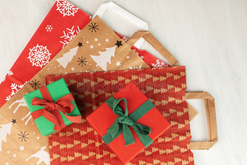 Eco Friendly Recycled Christmas Gift Boxes and Bags Stock Photo Image