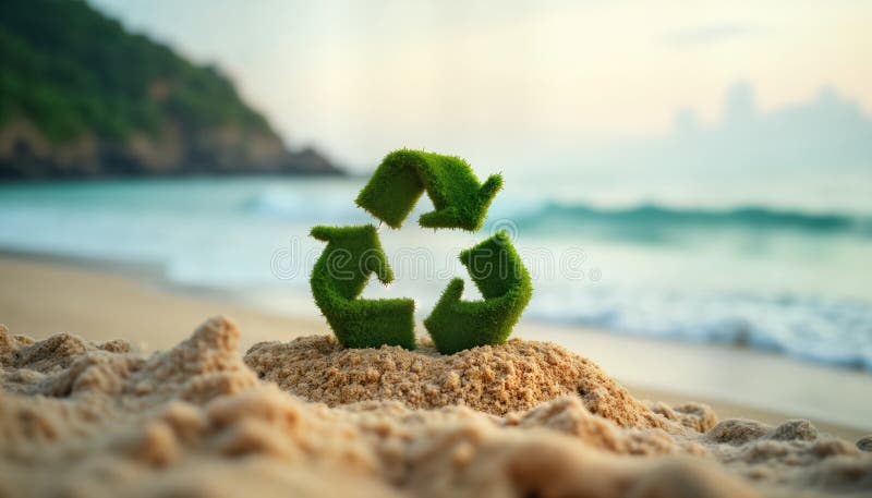 Eco friendly recycling symbol made of green grass on sandy beach near calm turquoise sea. Sustainability concept. Protecting vector illustration
