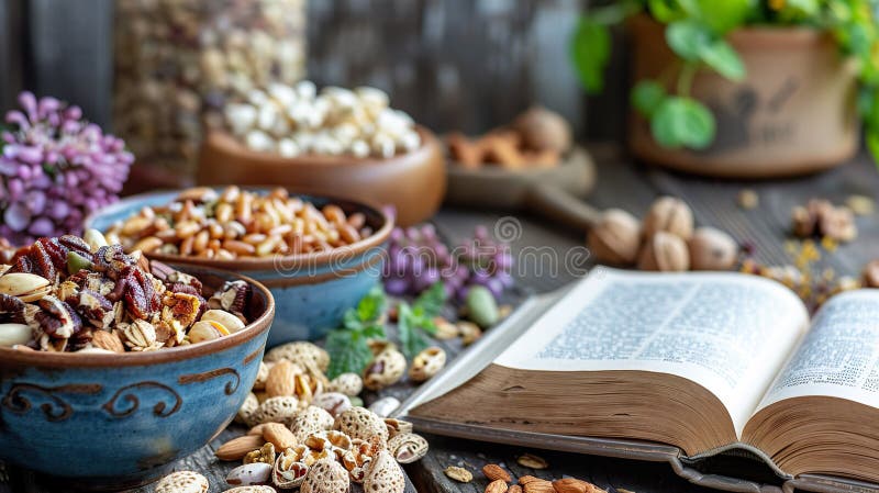 Eco-friendly snacks displayed on a rustic table with a book in the background royalty free illustration