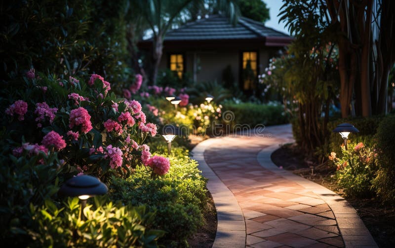 Eco-Friendly Solar Lights Brightening the Outdoors. Generative By Ai royalty free illustration