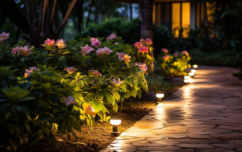 Eco-Friendly Solar Lights Brightening the Outdoors. Generative By Ai royalty free illustration