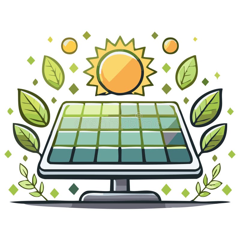 Eco friendly solar panel and sun generating clean sustainable green energy illustration stock illustration