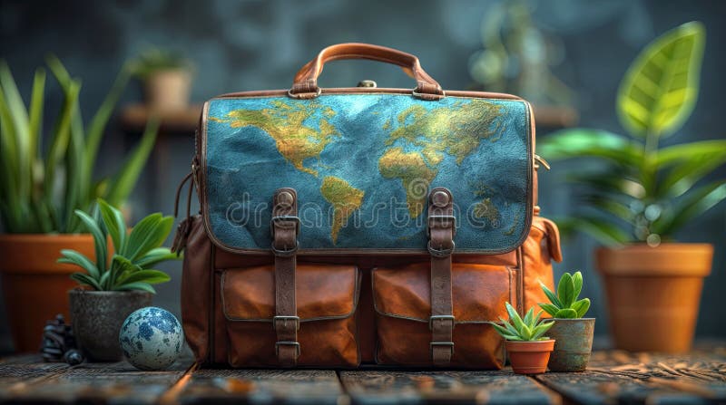 Eco-friendly travel concept. Travel bag with world map and lush vegetation inside royalty free illustration