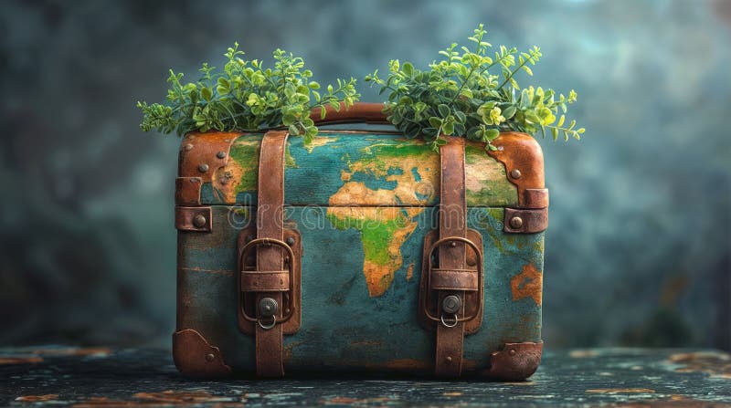 Eco-friendly travel concept. Travel bag with world map and lush vegetation inside stock illustration