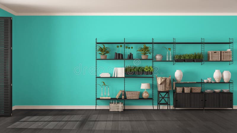 Eco gray and turquoise interior design with wooden bookshelf, diy vertical garden storage shelving, living room background