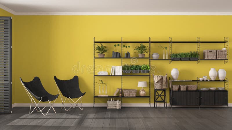 Eco gray and yellow interior design with wooden bookshelf, diy vertical garden storage shelving, living, lounge relax area with armchairs