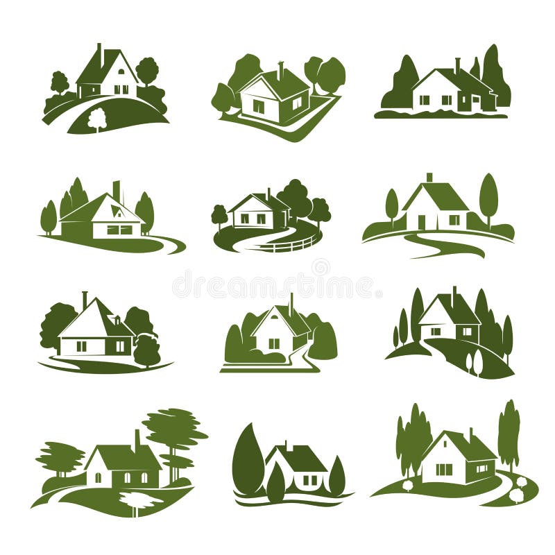 Eco green house with tree and lawn isolated icon