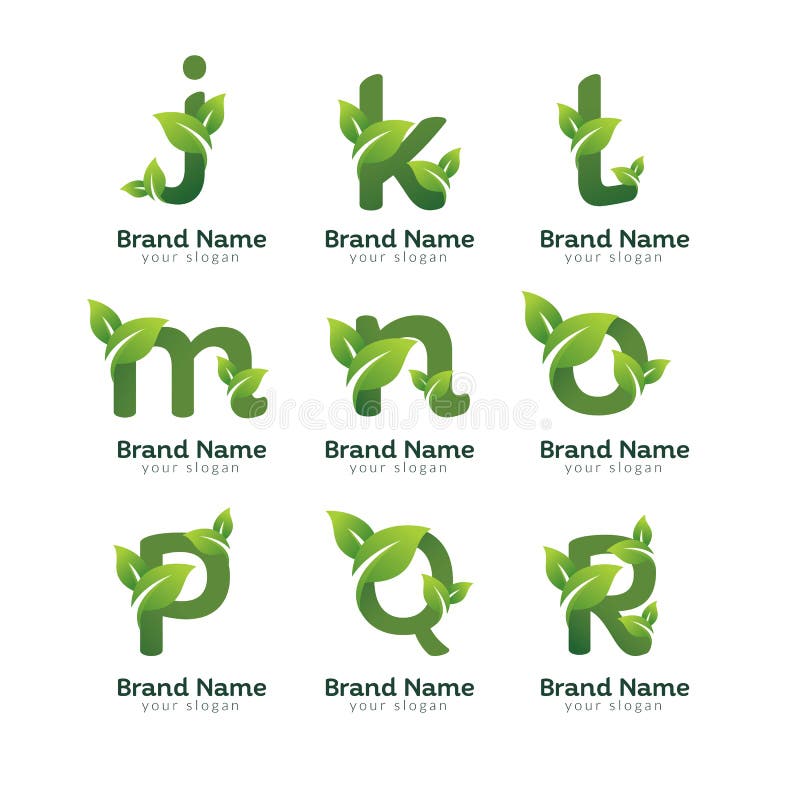 Eco green letter pack logo design template. Green alphabet vector designs with green and fresh leaf illustration