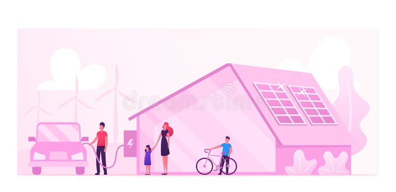 Eco House, Renewable Energy and Environment Protection Concept. Futuristic Technologies for Home. Solar Panelson Building Roof, Man Charging Electric Car in Yard. Cartoon Flat Vector Illustration