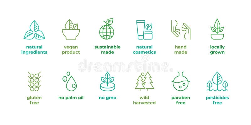 Eco line badge. Handmade eco logos, natural organic cosmetics vegan food symbols, Vector linear gluten free, no gmo