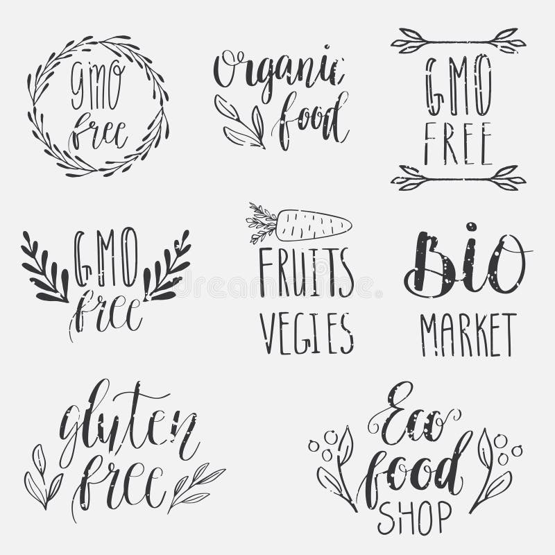 Eco, natureza, vegetariano, bio logotipos do alimento Rotulação escrita à mão Vector elementos para etiquetas, logotipos, crachás ilustração stock Eco, natureza, vegetariano, bio logotipos do alimento Rotulação escrita à mão Vector elementos para etiquetas, logotipos, crachás ilustração stock
