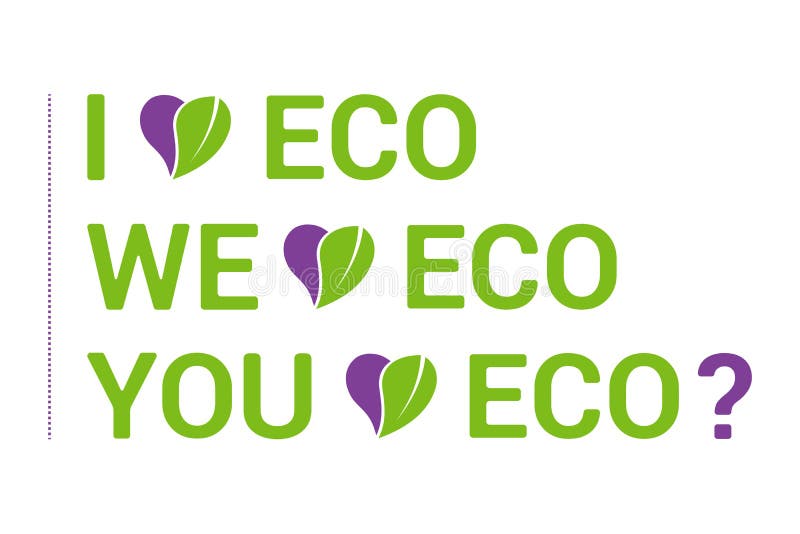 Colorful typography I love Eco set, heart with green organic leave.