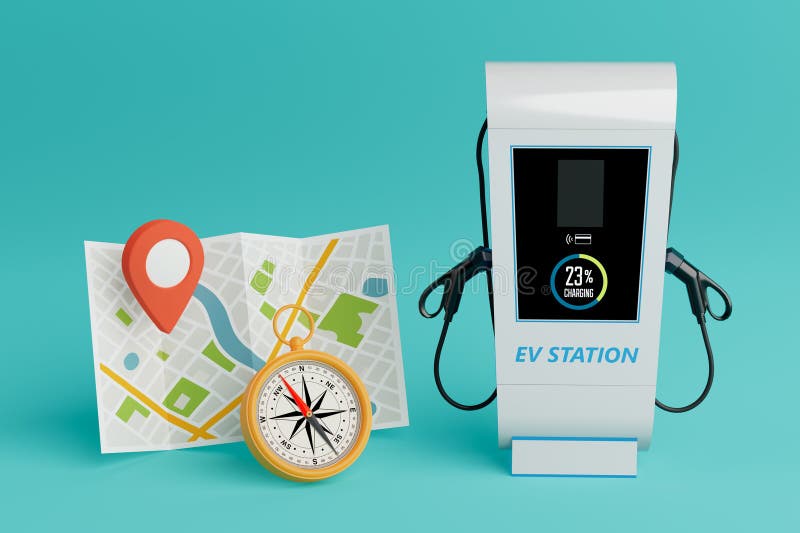 Eco Travel And Navigation Concept. EV Charging Station With Map And Compass On Cyan Background. 3d Rendering. Development ev stock images, royalty-free photos and pictures