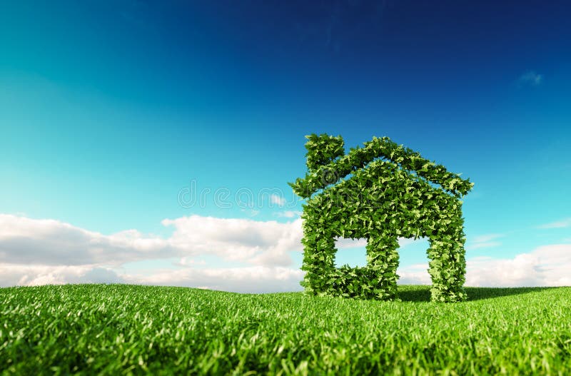 Eco vänligt bosatt begrepp tolkning 3d av symbolen för grönt hus på