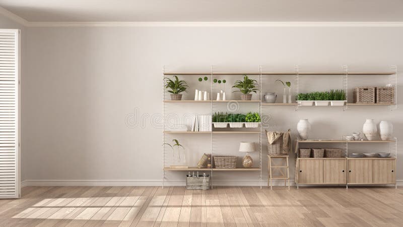 Eco white interior design with wooden bookshelf, diy vertical garden storage shelving, living room background
