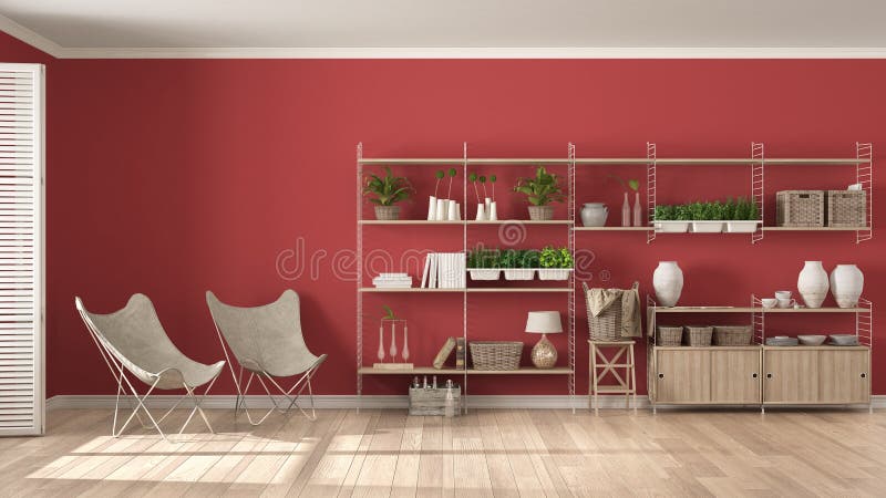 Eco white and red interior design with wooden bookshelf, diy vertical garden storage shelving, living, lounge relax area with armchairs