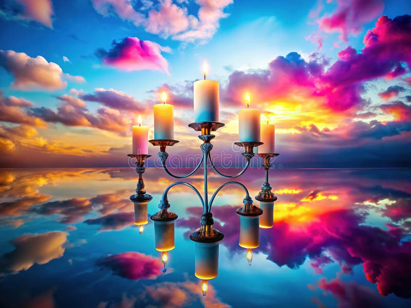 EcoFriendly Candle Holder med Neon Light Reflection A Study in Symmetry and Sharp Colors Showasing a Mirrored Cloud. Den här fängslande bilden visar en modern ljushållare ljus som tänds med vibrerande nyljus. Konstruktionens påfallande symmetri framhävs av en reflektion i en mäsande spegel som skapar en eterisk molliknande effekt.. Fetma färger visas mot en bakgrund av djupa skuggor som visar hur skicklig färgen är.. Reaktionen är en mycket bra nyckelfaktor