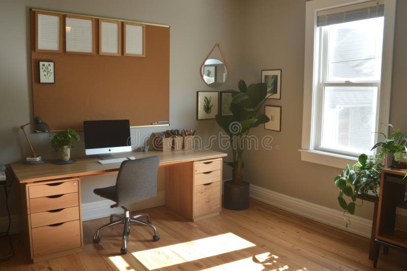 EcoFriendly Home Office Design con scheda mini per decorazioni e bollettini di sughero immagine stock
