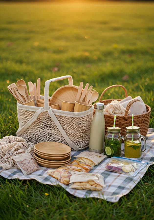EcoFriendly Picnic Basket utomhus på Sunny Meadow royaltyfri illustrationer