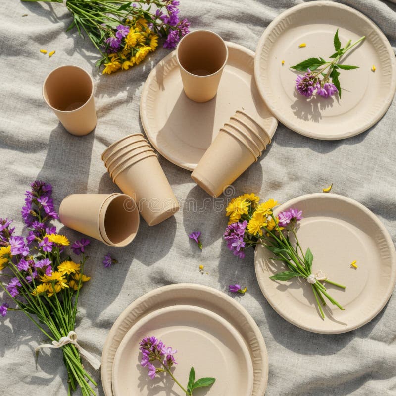 EcoFriendly Picnic-inställning med pappersplåtar och konfektioner royaltyfri illustrationer