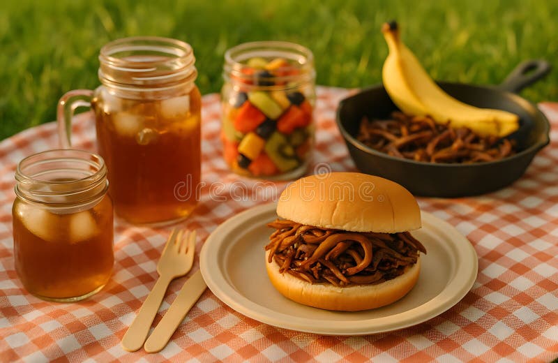 EcoFriendly Picnic med Banana Peel Pulled Pork Sandwich Iced Tea och Fruit on Checkered Blanket in Summer Park Park stock illustrationer