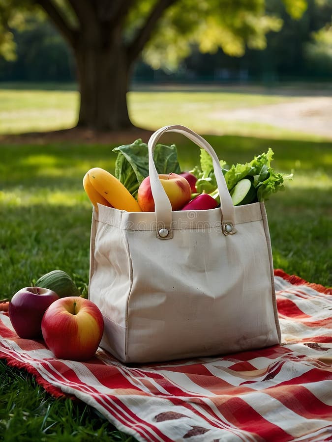 EcoFriendly Picnic Scene med återanvändbar förpackning full av färsk frukt och färska grönsaker vektor illustrationer