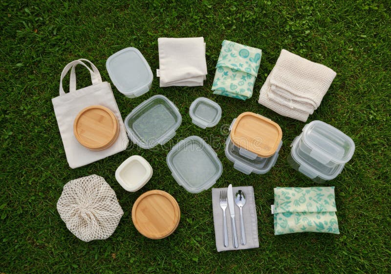 EcoFriendly Picnic Set på gräs stock illustrationer