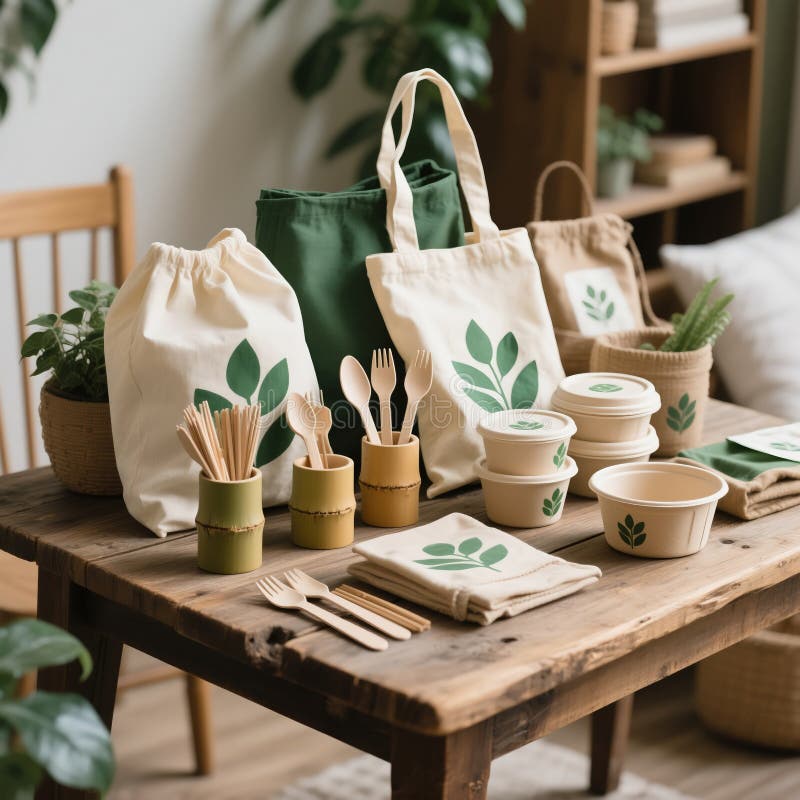 EcoFriendly Table Setting : Nachhaltiges Leben mit wiederverwendbaren Taschen Bowls und Utensils auf rustikalen Holztischen für be vektor abbildung